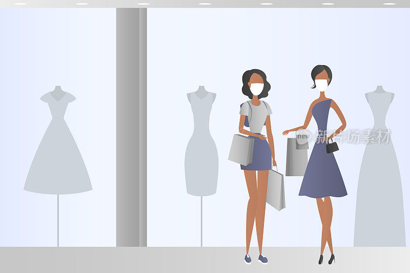 African women in masks with shopping bags in boutique. Vector illustration